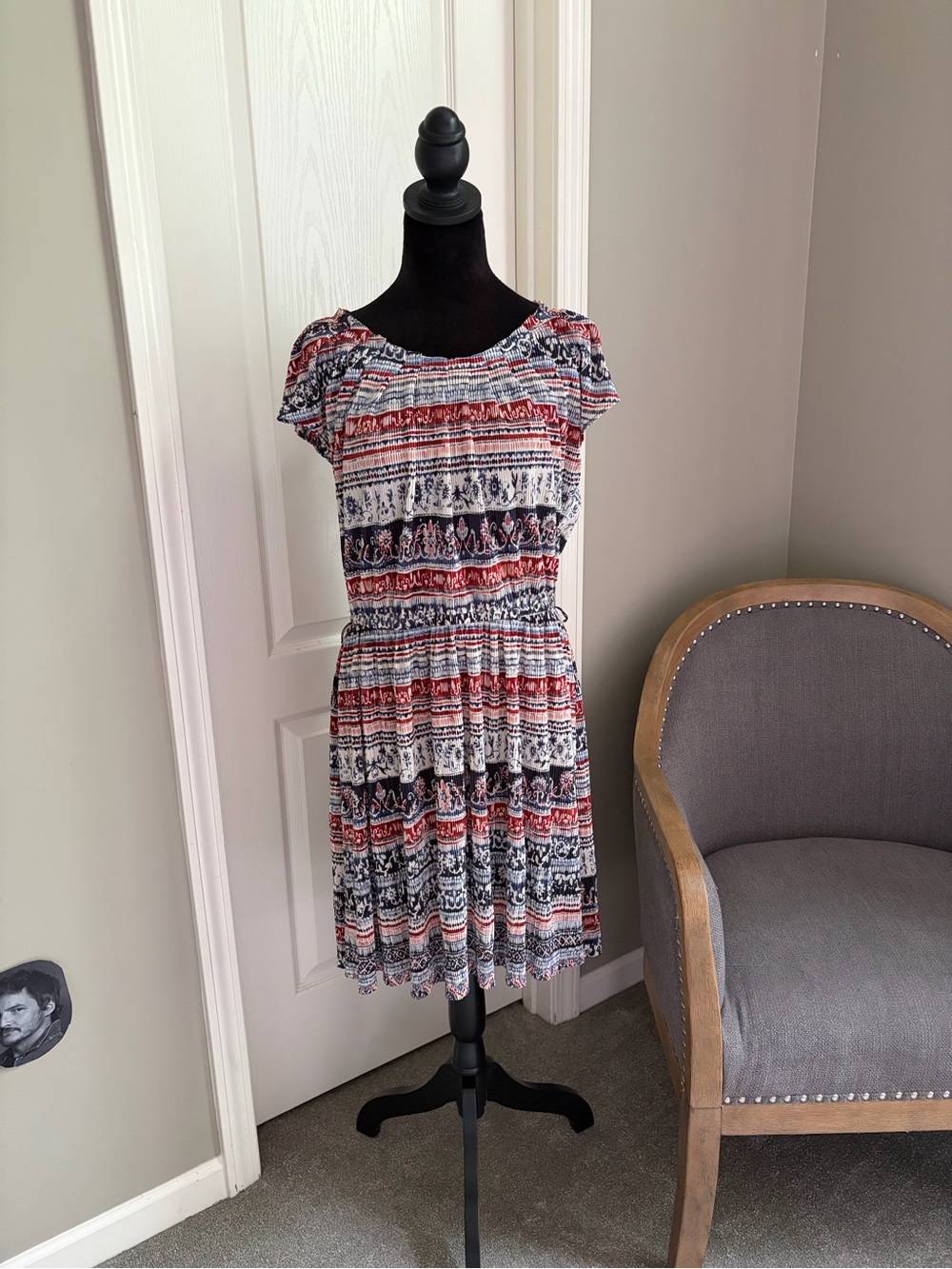 LC Lauren Conrad Red, White & Navy Printed Short Sleeve Mini Dress